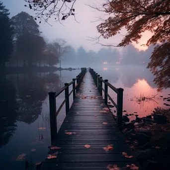 Lakeside trail at dusk surrounded by fog and reflections on calm water. - Image 3