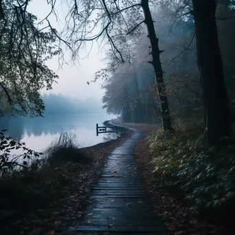 Lakeside trail at dusk surrounded by fog and reflections on calm water. - Image 4