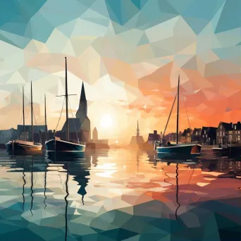 Low poly digital representation of a serene coastal city during dusk - Image 1