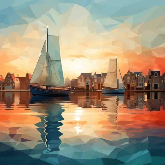 Low poly digital representation of a serene coastal city during dusk - Image 2