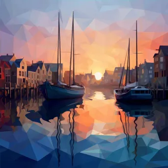 Low poly digital representation of a serene coastal city during dusk - Image 4