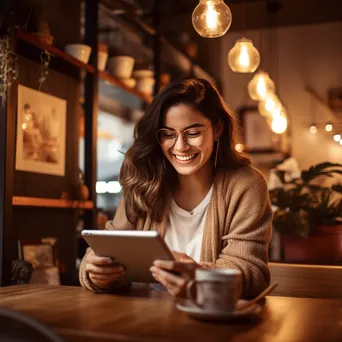 Woman using a tablet for finance in a cozy cafe - Image 1