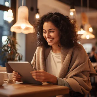 Woman using a tablet for finance in a cozy cafe - Image 2