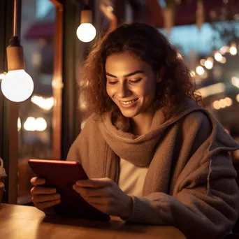 Woman using a tablet for finance in a cozy cafe - Image 3