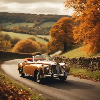 Classic convertible car in a scenic countryside with autumn leaves - Image 1