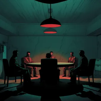 Dramatic illustration of an interrogation in a sparse room - Image 1