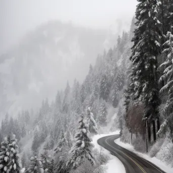 Illustration of a snowstorm in a mountain pass with heavy snow covering the trees and road. - Image 2