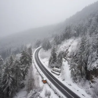 Illustration of a snowstorm in a mountain pass with heavy snow covering the trees and road. - Image 4