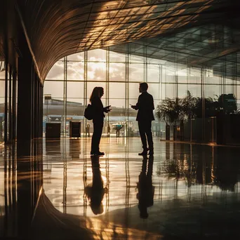 Business partners conversing outside airport terminal. - Image 1