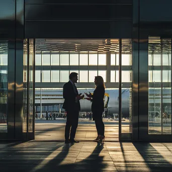 Business partners conversing outside airport terminal. - Image 2