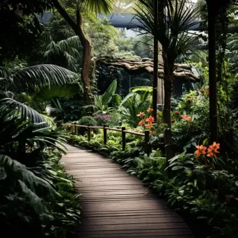 Botanical garden walkway with asymmetric flowers on Fujifilm X-T4 - Image 1