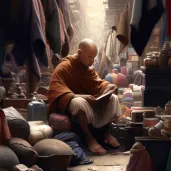 Meditating monk in busy market - Image 4