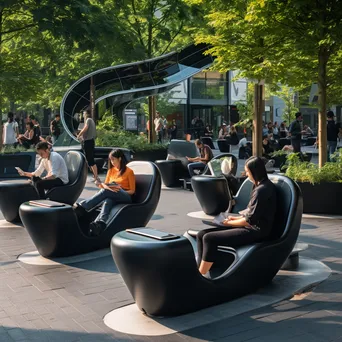 Visitors in an urban park with smart benches and charging stations - Image 1