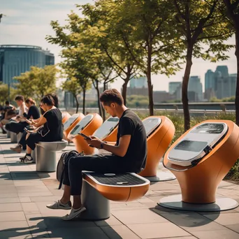 Visitors in an urban park with smart benches and charging stations - Image 2