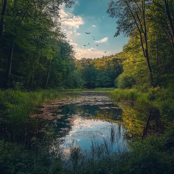 Woodland clearing with a pond and dragonflies hovering above. - Image 3