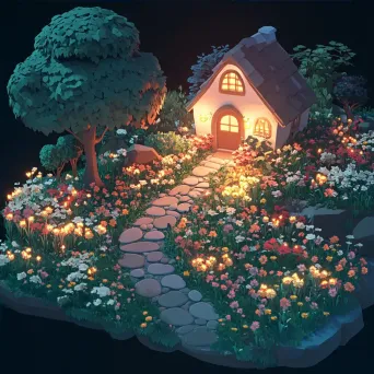 Low poly isometric view of an enchanted garden with luminous flowers - Image 4