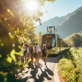 Tourists boarding a tram in a scenic area with mountains in the background. - Image 1