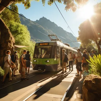 Tourists boarding a tram in a scenic area with mountains in the background. - Image 3