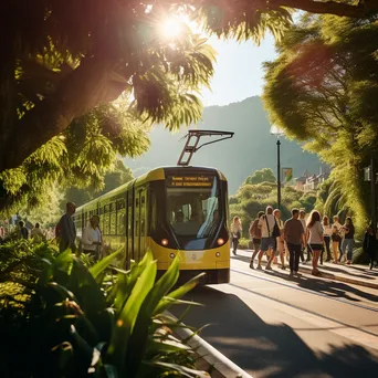 Tourists boarding a tram in a scenic area with mountains in the background. - Image 4