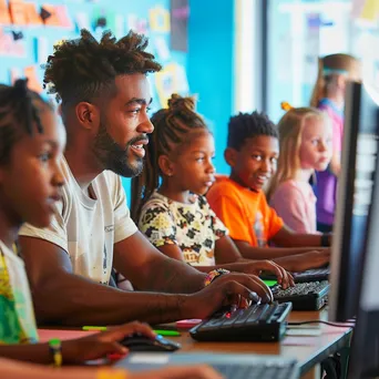 Older student guiding kids in a coding workshop. - Image 1