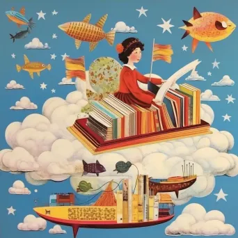 A child riding a flying book through a sky of words and imagination in a whimsical image. - Image 4