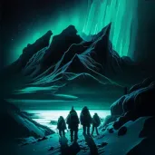 Group of explorers navigating vast, icy Arctic landscape with auroras in the night sky - Image 4