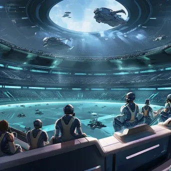 Image of a futuristic sports arena with levitating seats and jet-pack players - Image 2