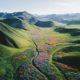 Aerial view of a mountain valley filled with wildflowers - Image 4