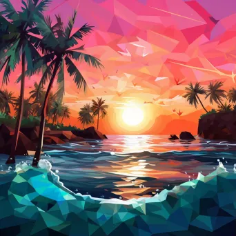 Low poly depiction of a vibrant tropical island at sunset with palm trees and sparkling surf - Image 1