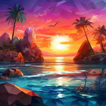 Low poly depiction of a vibrant tropical island at sunset with palm trees and sparkling surf - Image 2