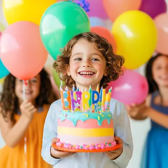 A happy child celebrating a birthday with large colorful balloons. - Image 1