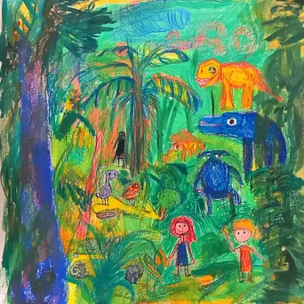 Colorful sketch of children on a jungle expedition with hidden creatures - Image 3