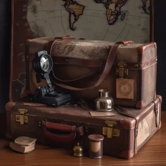 Aged leather suitcase with travel stickers, vintage world map, binoculars, and old globe on a wooden desk - Image 3