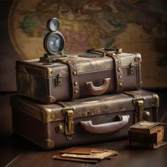 Aged leather suitcase with travel stickers, vintage world map, binoculars, and old globe on a wooden desk - Image 4