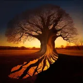 Image of an old oak tree half lit by sunset - Image 3