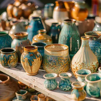 Close-up view of colorful handmade ceramics in a market stall illuminated by sunlight. - Image 1