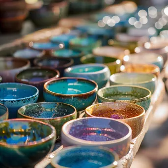 Close-up view of colorful handmade ceramics in a market stall illuminated by sunlight. - Image 3