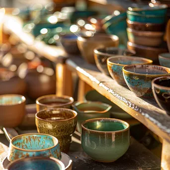 Close-up view of colorful handmade ceramics in a market stall illuminated by sunlight. - Image 4