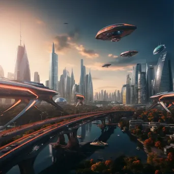 Futuristic city skyline with advanced architecture and flying vehicles - Image 1