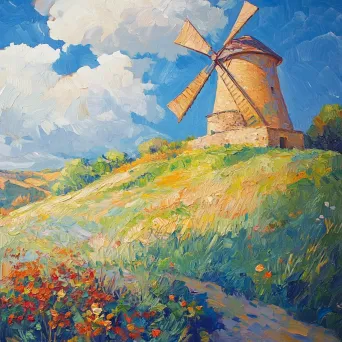 Verdant summer countryside scene with an ancient windmill atop a hill - Image 2