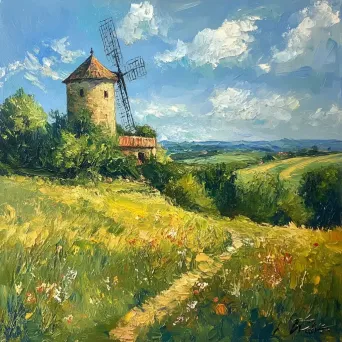 Verdant summer countryside scene with an ancient windmill atop a hill - Image 3