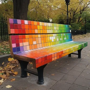 A wooden park bench painted to resemble vibrant pixel art - Image 1