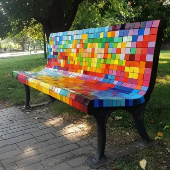 A wooden park bench painted to resemble vibrant pixel art - Image 4