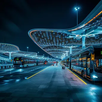 Smart transportation hub with autonomous shuttles and dynamic displays at night - Image 2