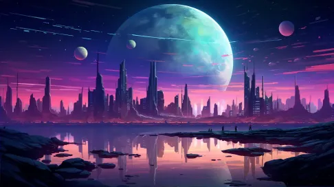 Low poly nocturnal cityscape on an alien planet with surrealistic, iridescent tones - Image 2