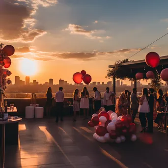 Elegant rooftop birthday party at sunset with balloons and a skyline view. - Image 2