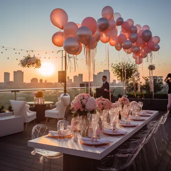 Elegant rooftop birthday party at sunset with balloons and a skyline view. - Image 4