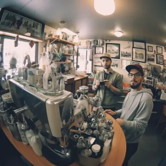 Local coffee shop with baristas serving artisanal coffee in a cozy setting - Image 1