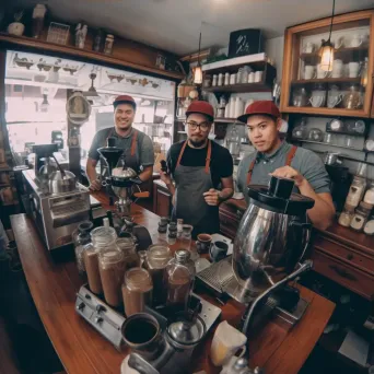 Local coffee shop with baristas serving artisanal coffee in a cozy setting - Image 3