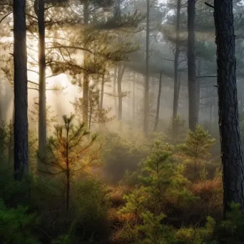 Dawn in Misty Pine Forest